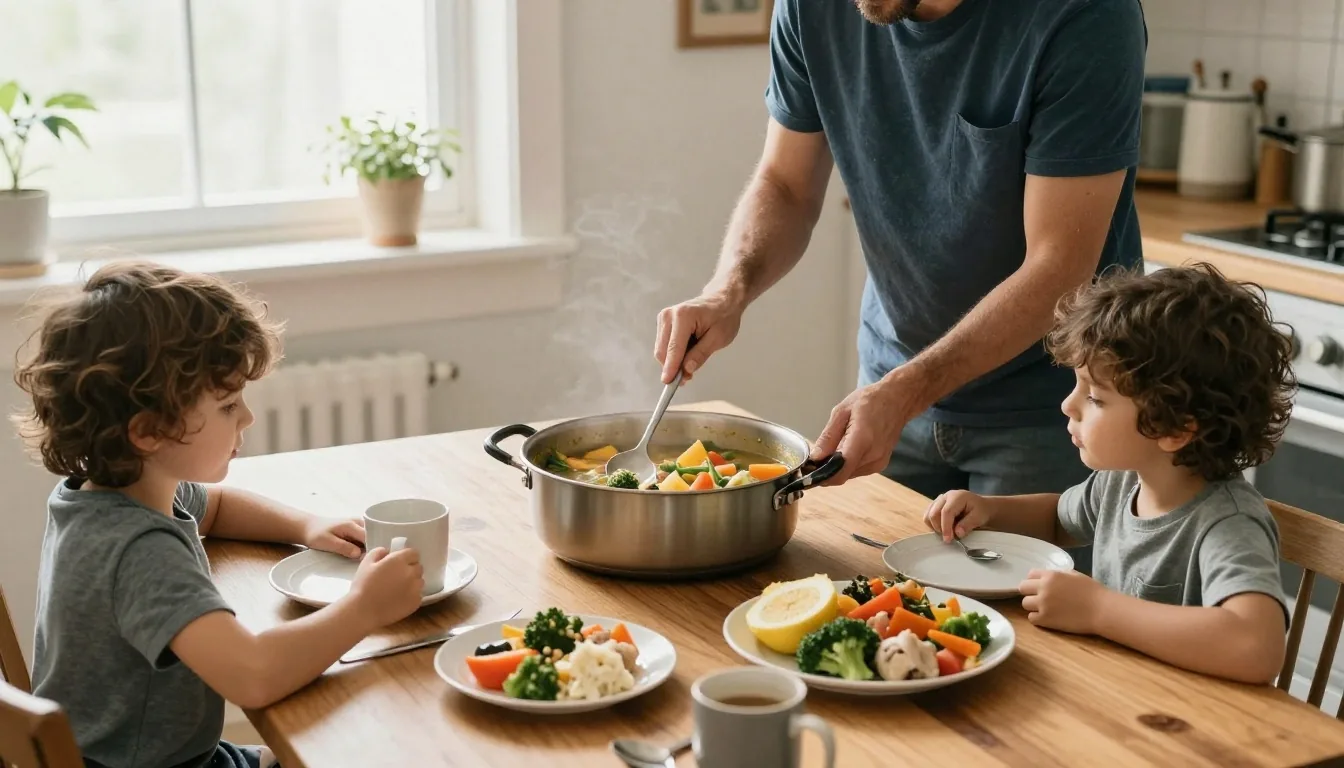 A family kitchen table laid out with a shared meal of vegetables, bread and everyday plates