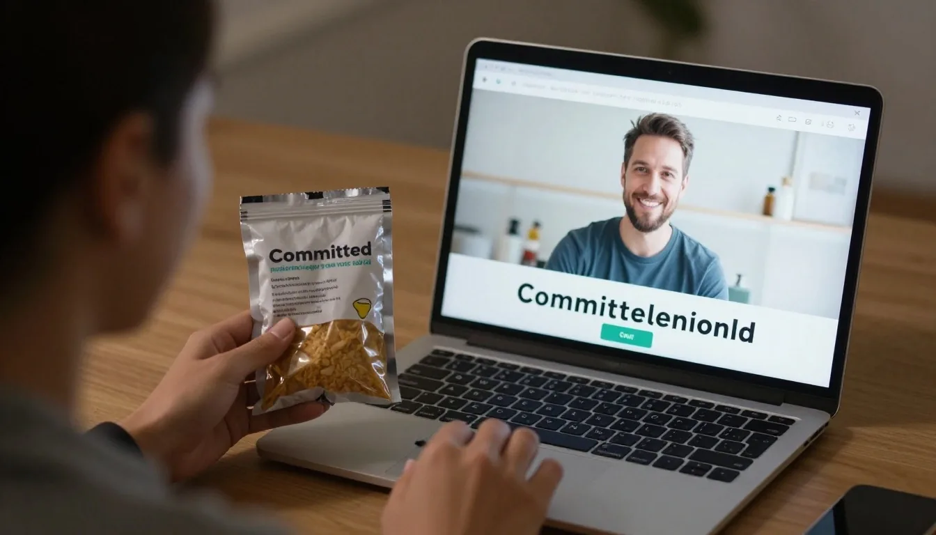 Someone holding a food packet up to a laptop during an evening video consultation