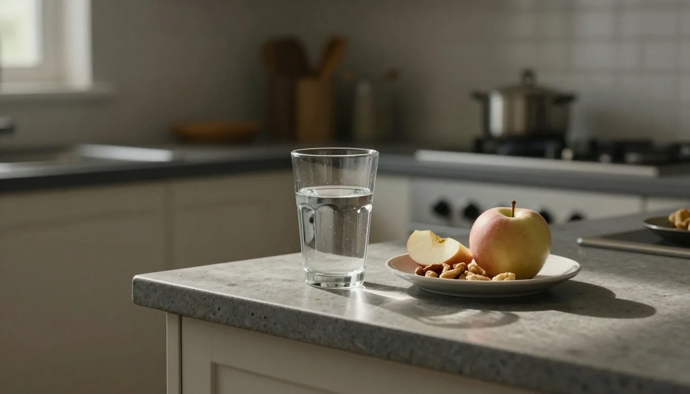 A glass of water and a plate of whole foods beside an open notebook on a cool stone counter