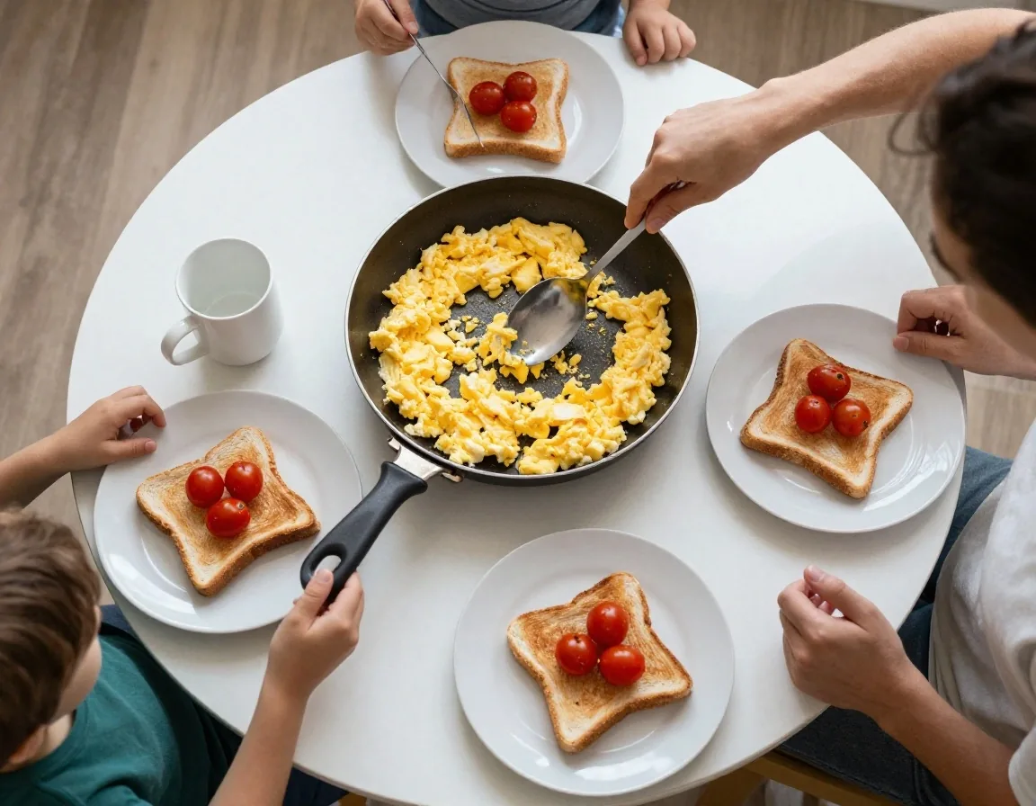 A parent portioning the same breakfast into three bowls on a family kitchen counter