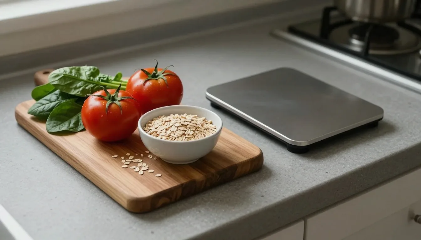 Whole foods on a stone counter beside a kitchen scale