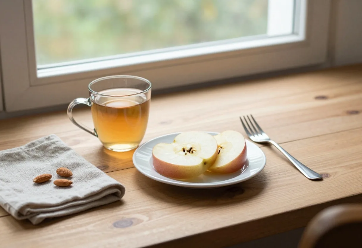 A printed eating plan being annotated by hand on a plain desk beside a cup of tea