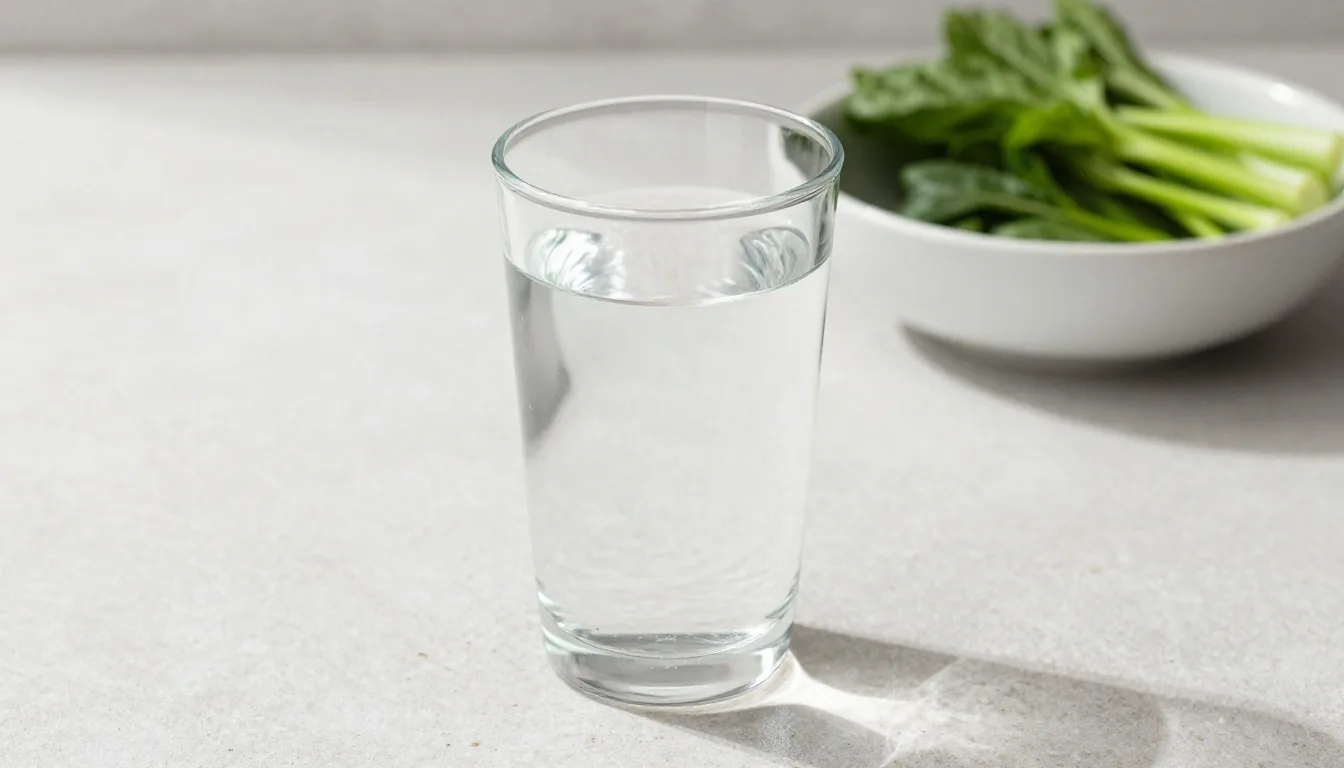 A glass of water on a stone counter in cool daylight, with a bowl of vegetables behind